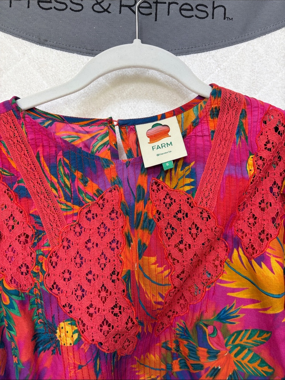 FARM Rio Pink & Red Tropical Lace-Yoke Ruffle Blouse - Picture 3 of 3